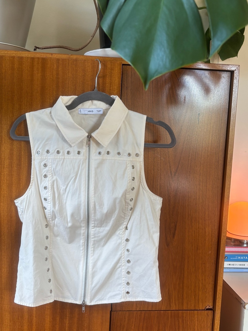 Mango White Sleeveless Button-Down with Stud Trim